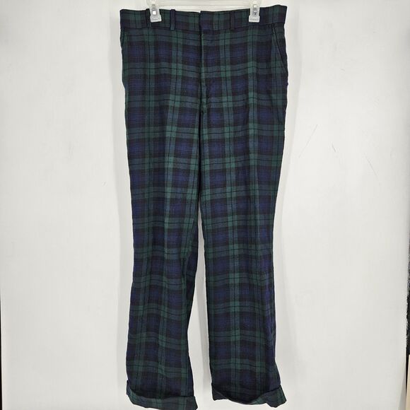 Vintage LL Bean Plaid Pants Mens 35 x 30 Green 1970s Trousers Classic Casual - Picture 1 of 15